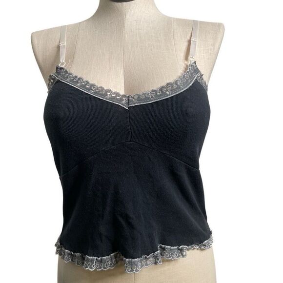 Vtg Free People Cotton Babydoll Tank L Washed Black Ribbon Adjustable Strap Punk - Picture 1 of 6